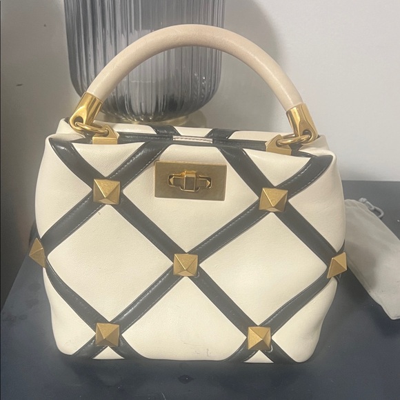 Valentino Garavani Handbags - Valentino Garavani Black and Cream Satchel with Gold Studs